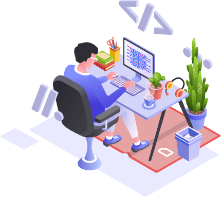 Illustration of a person working at a desk with business analytics