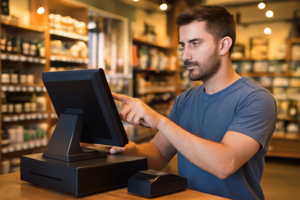 Store owner billing a sale on a POS terminal
