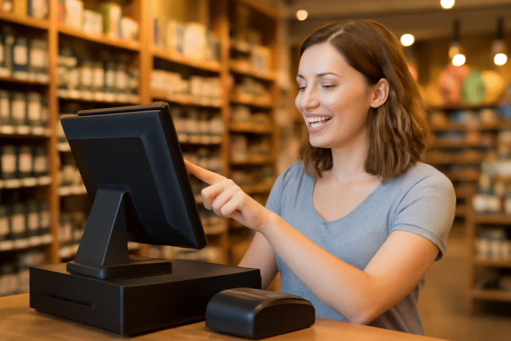 Shop assistant using a POS terminal at the counter