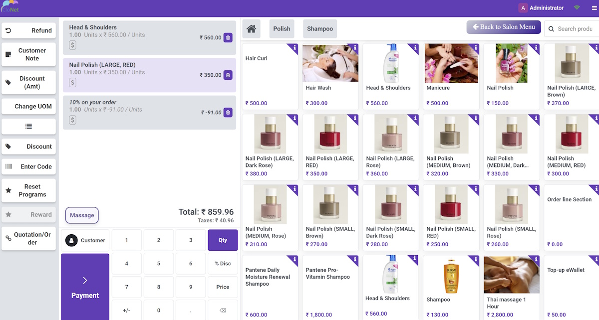 Spa POS service selection screen