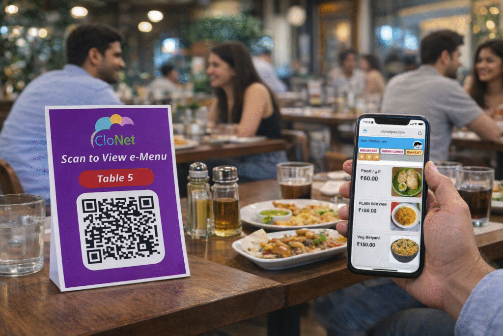 Diners scanning a QR code to view the e-menu at their table