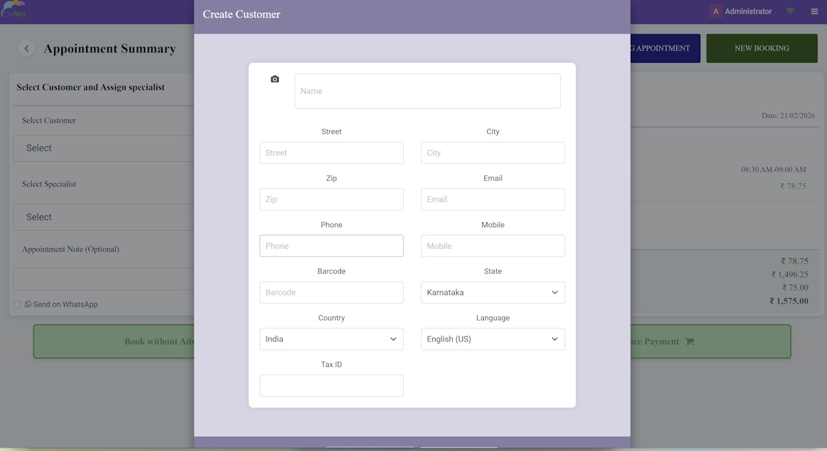 Spa POS appointment payment screen