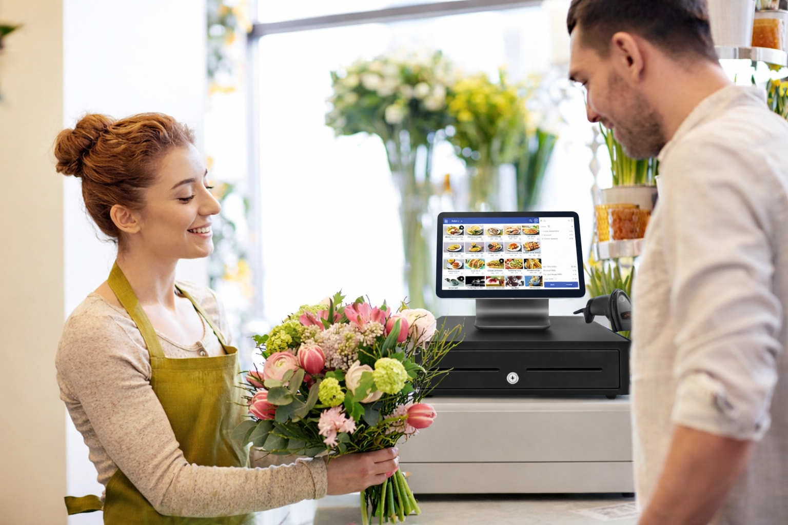 Florist serving a customer beside a POS screen