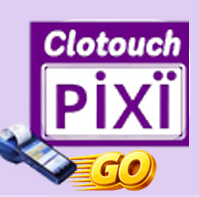 Clotouch PIXI GO logo with handheld POS terminal and receipt printer